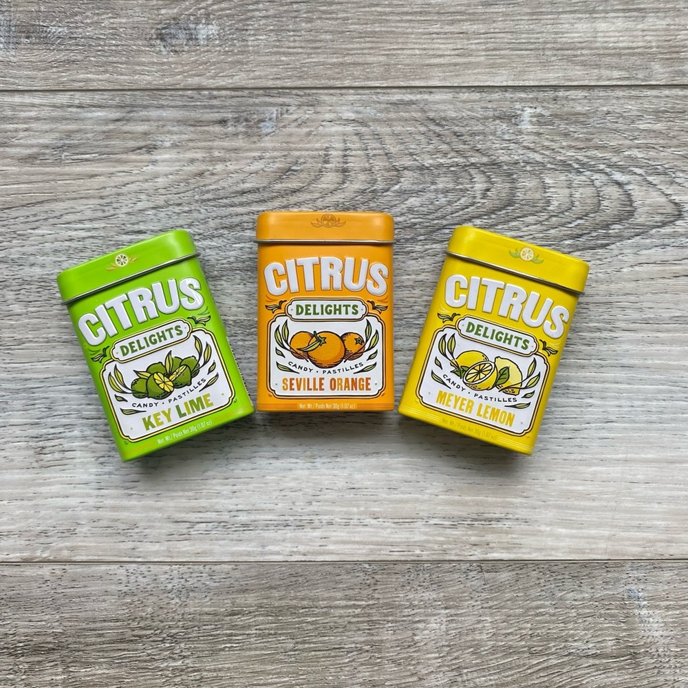 5/$15 Metal box Citrus Delights Tin Set - Green, Orange, Yellow